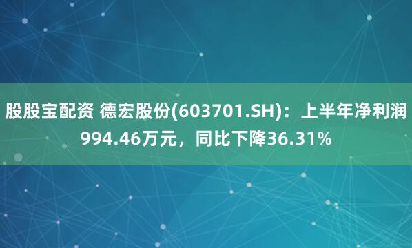 股股宝配资 德宏股份(603701.SH)：上半年净利润994.46万元，同比下降36.31%